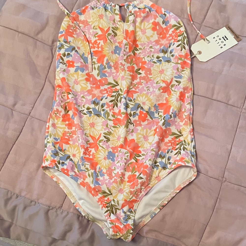 Billabong Floral One-Piece Swimsuit in Coral, Pink & Blue -Girls size 12